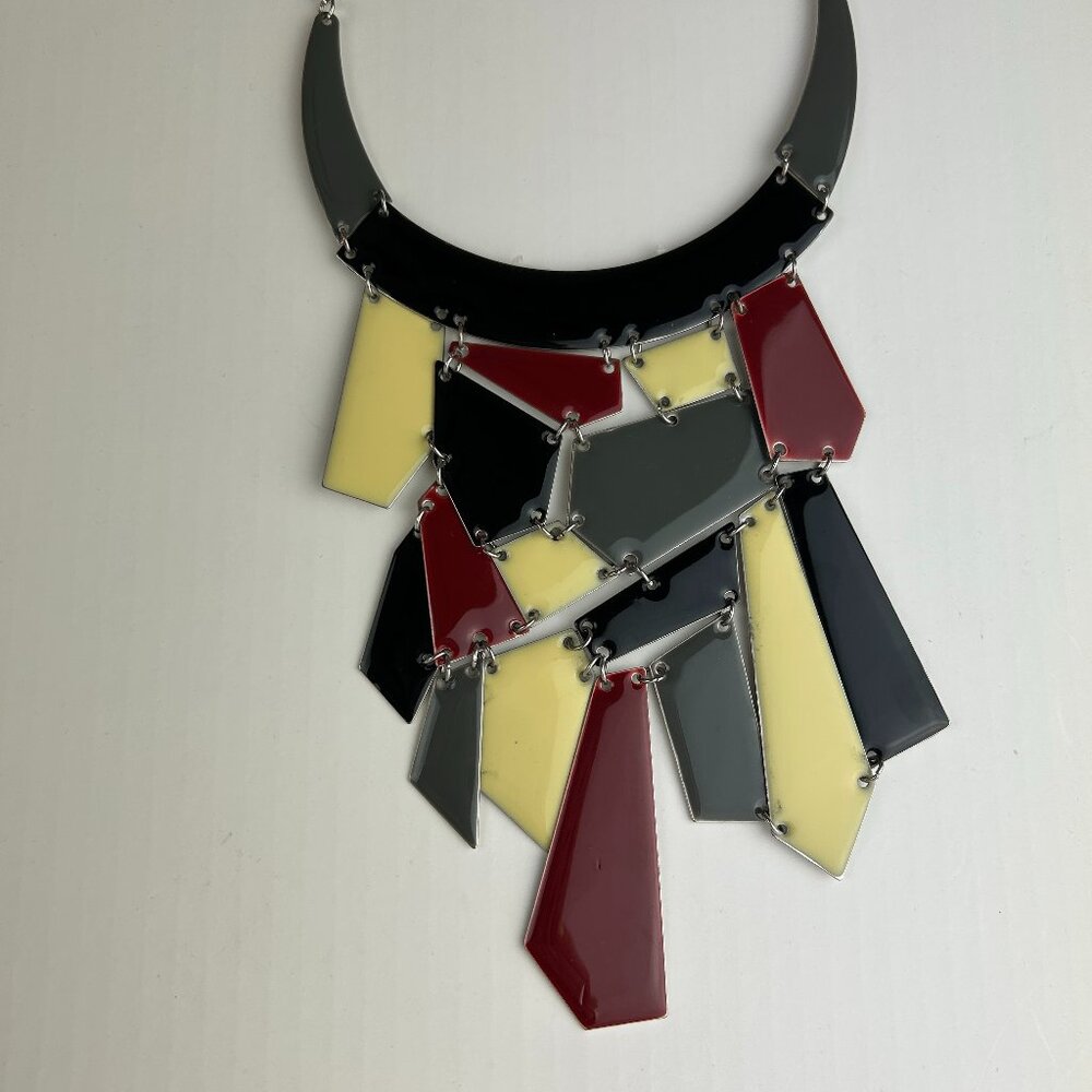 Vintage Enamel Colored Silver Large Collar Bib Necklace NWOT